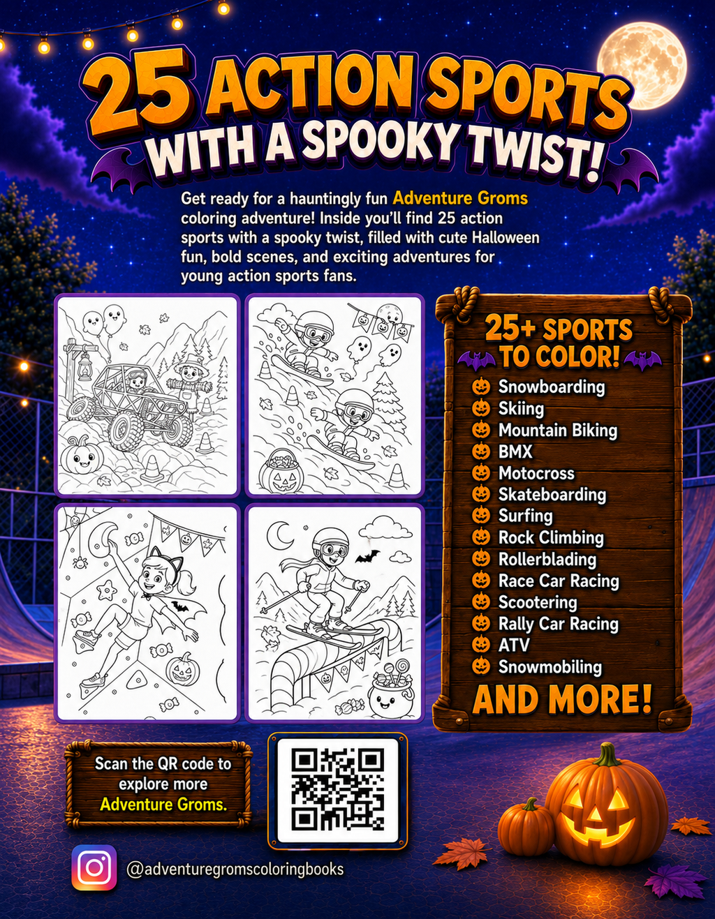 Adventure Groms Extreme Halloween Coloring Book back cover showing 25+ action sports coloring page previews