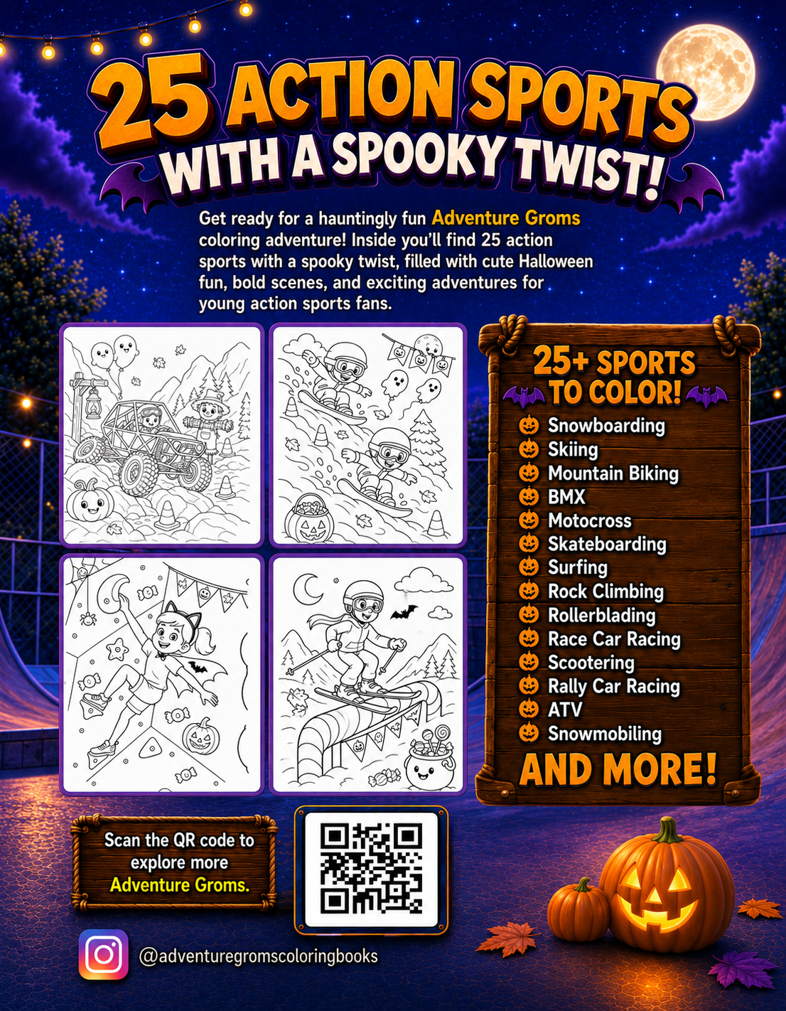 Adventure Groms Extreme Halloween Coloring Book back cover showing 25+ action sports coloring page previews