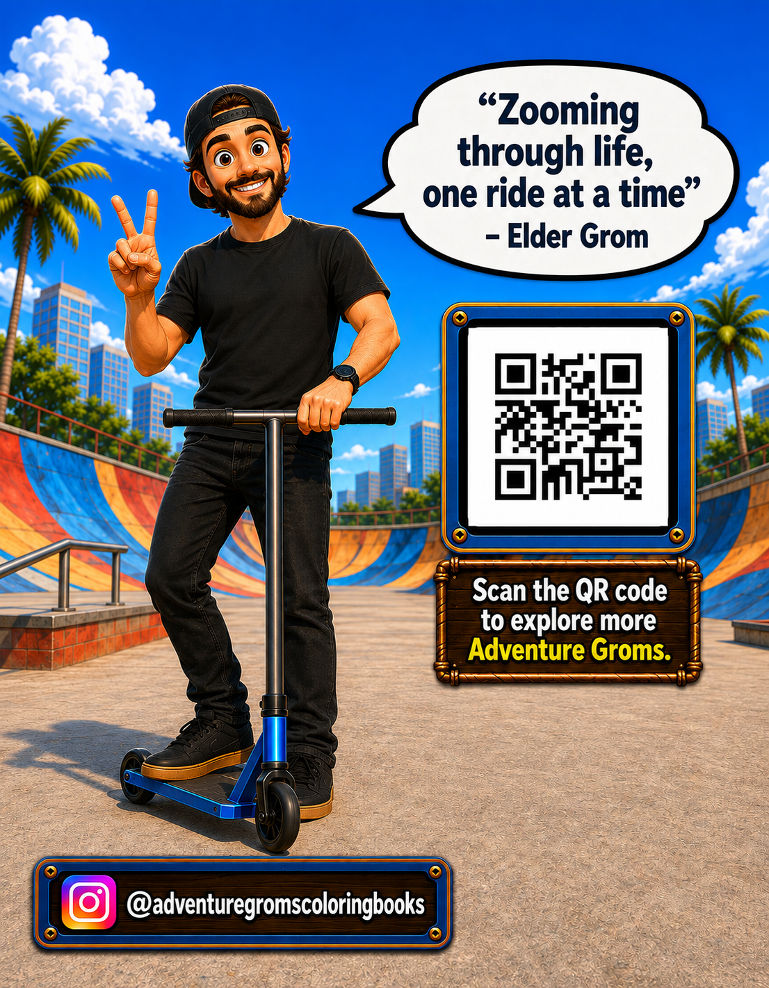 Adventure Groms Scootering Coloring Book back cover with Elder Grom character and QR code