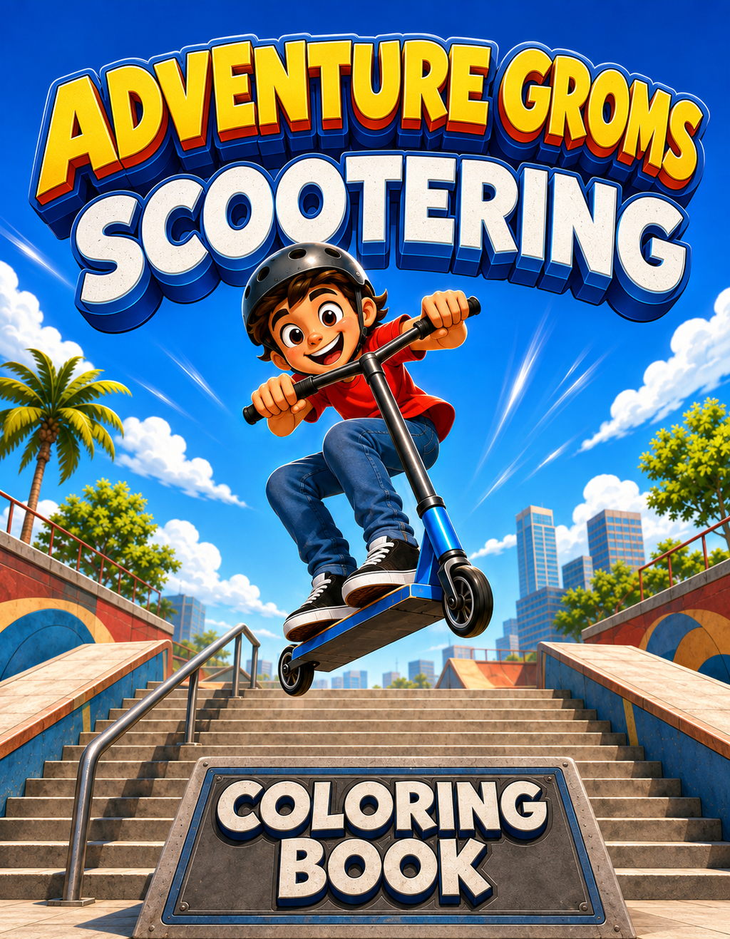 Adventure Groms Scootering Coloring Book front cover featuring a cartoon boy doing a trick on a scooter at a skatepark