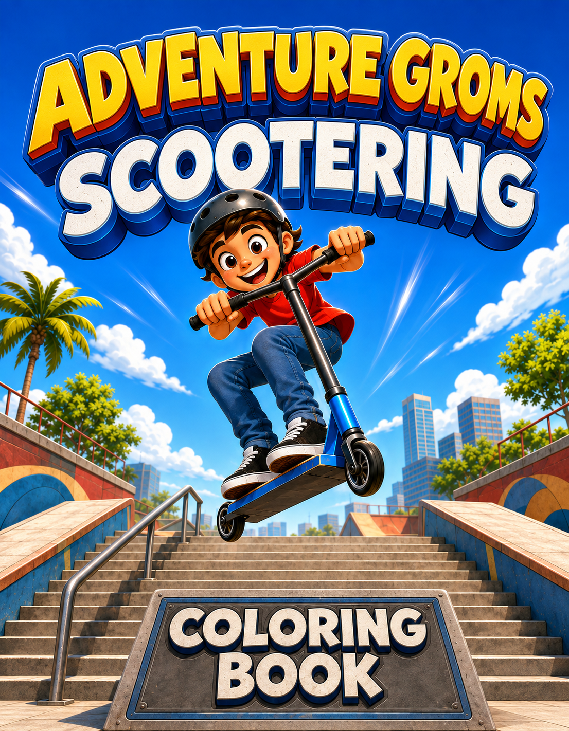 Adventure Groms Scootering Coloring Book front cover featuring a cartoon boy doing a trick on a scooter at a skatepark