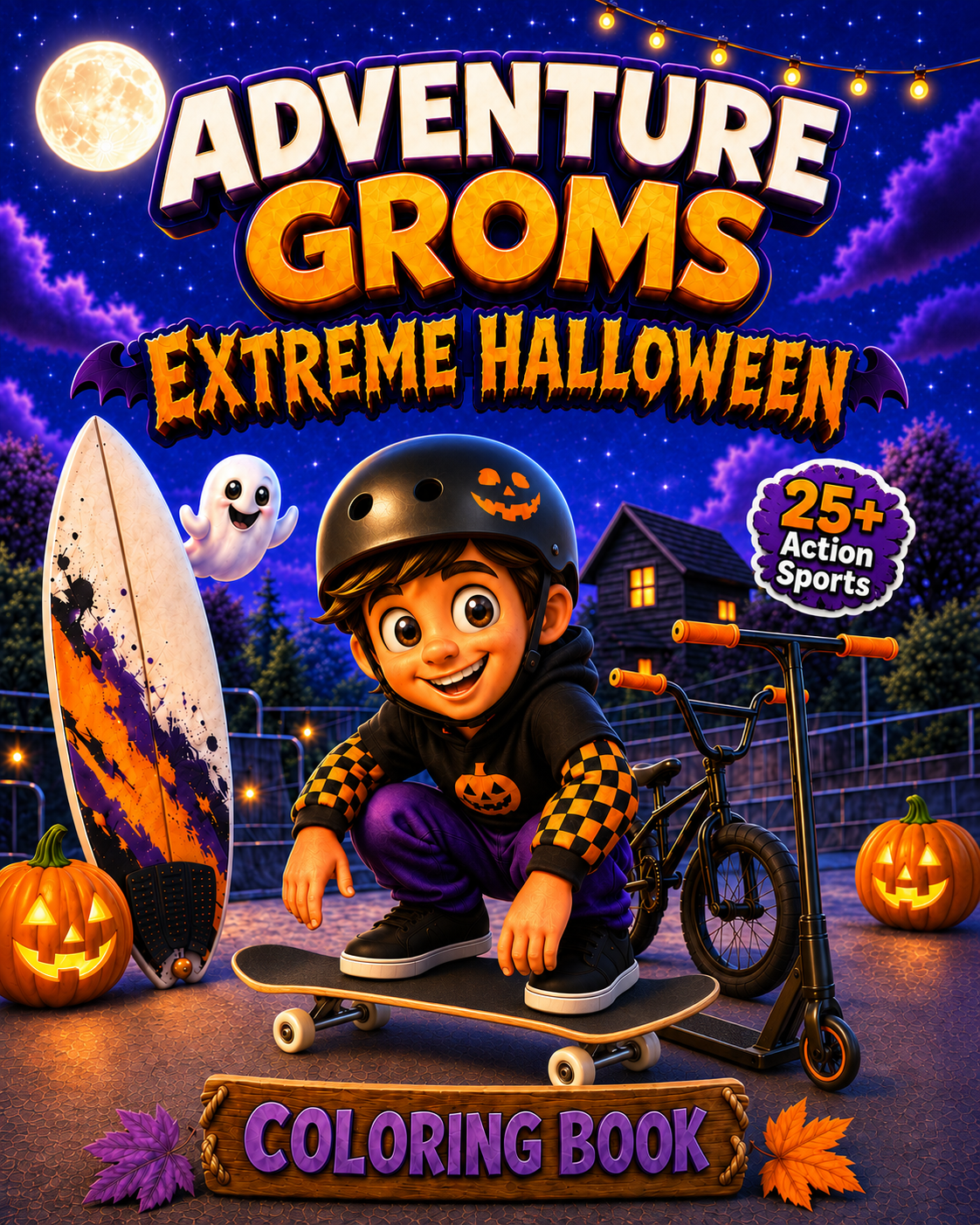 Adventure Groms Extreme Halloween Coloring Book front cover featuring a kid on a skateboard surrounded by Halloween pumpkins and action sports equipment